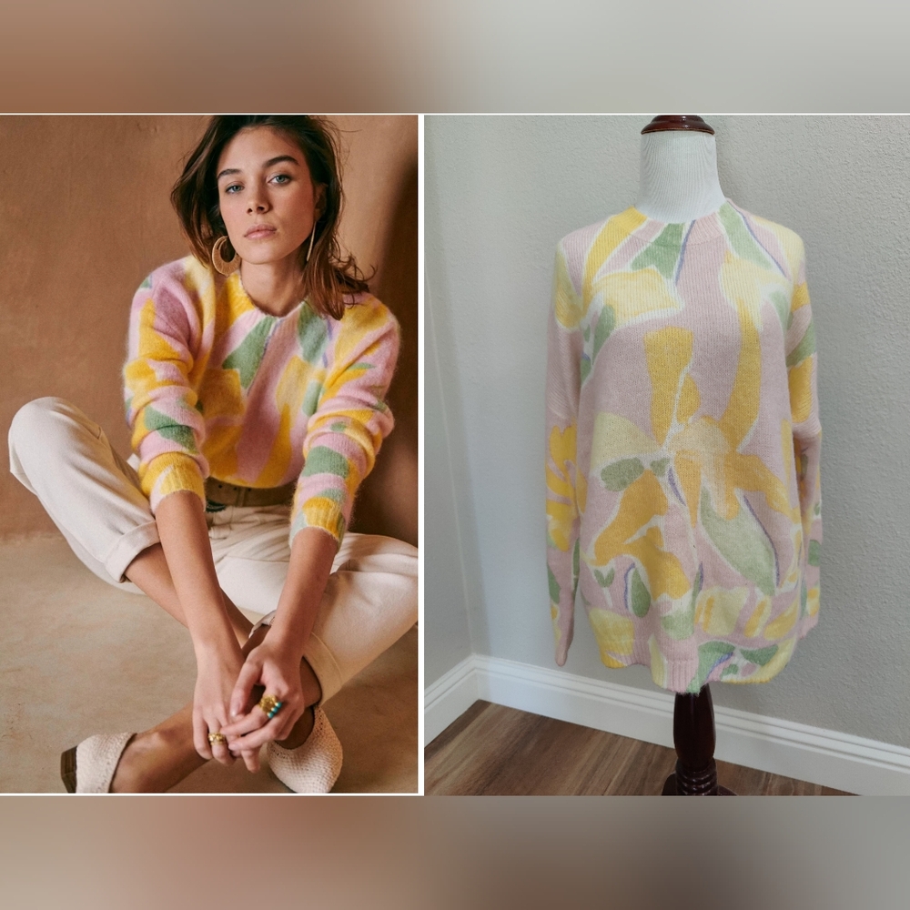 Sezane women knit sweater floral printed loose round neck long sleeve.